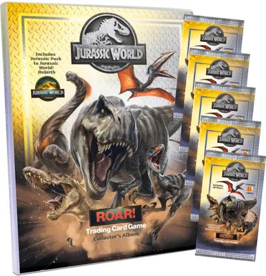 Produktbild von Jurassic World Karten - ROAR! Trading Cards Sammelkarten - 1 Mappe + 5 Booster