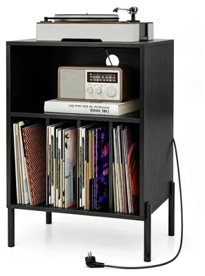 Zdjęcie produktu dla Podstawa pod gramofon COSTWAY z funkcją ładowarki, stolik na płyty winylowe z półką i 4 przegródkami, stojak na płyty winylowe o wymiarach 53x45x78,5 cm, kolor czarny