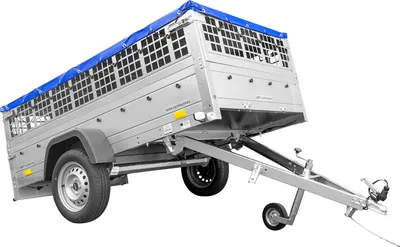 Produktbild von Pkw Transport Anhänger 230x125 Garden Trailer 230 KIPP mit Laubgitteraufsatz, blauer Flachplane und Stützrad