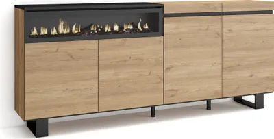 Immagine prodotto di COZY Credenza, Mobile, Cucina, 200x35x87cm, 4 Porte, Camino elettrico, Rovere e Nero