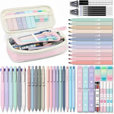Productafbeelding van Four Candies esthetische schoolbenodigdheden - Set van 56 - 6 veelkleurige pennen - 12 pastelmarkeerstiften
