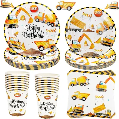 Image de Set de vaisselle de fête Chantier pour anniversaire d'enfant, 80 pièces