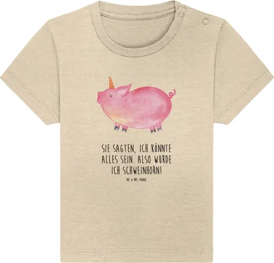 Produktbild von Mr. & Mrs. Panda Babyshirt Einhorn Schwein 12. - 18. Monat - Natural Raw - Geschenk, Baby Kurzarmshirt, Spruch, Jerseyshirt, Englisch, Bauer,  T-Shirt, Organic Shirt