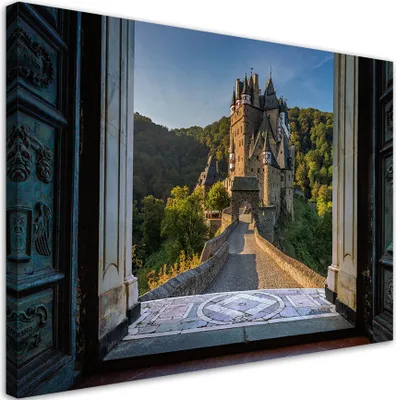 Image de Toile « Vue sur un château, des montagnes et des arbres » 90 x 60 Feeby Vert Image pour le mur, prête à être accrochée
