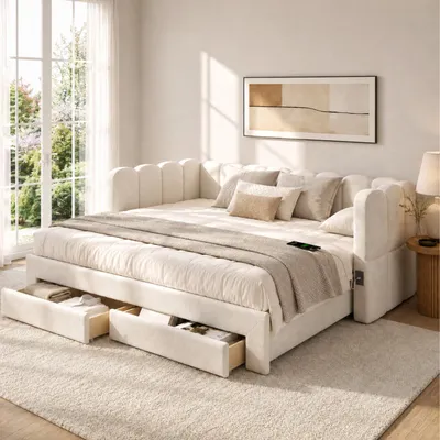 Image de Lit de jour 90x200 cm, convertible en lit double 180x200 cm, avec 2 tiroirs, ports USB et Type-C, sommier à lattes, housse en lin, couleur beige