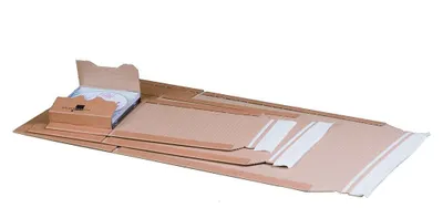 An unfolded cardboard box with white tape strips, lying flat on a white background.
