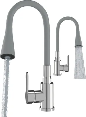 Two kitchen faucets, one in the foreground with water flowing, and another smaller one in the background.