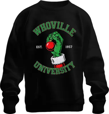 Obrázek produktu pro WHOVILLE UNIVERSITY Grinch Christmas bauble retro uni mikina, černá, M