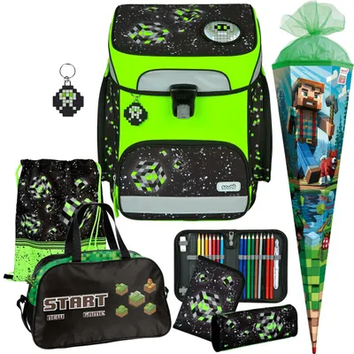 Produktbild von Scooli Schulranzen Jungen 1.Klasse EasyFit 7tlg. Set passend dazu Sporttasche Schultüte R, Space Robot - Pixel - Glow Edition