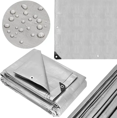 A collage of images showing a gray tarp, with close-ups of water droplets on its surface and reinforced corners.