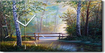 Produktbild von Wanduhr Uhr Wandbild Leinwand 60x30 Malerei Wald Bäume Fluss Brücke Natur - weiße Hände
