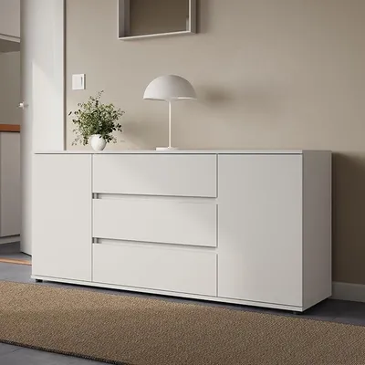 Zdjęcie produktu dla Komoda/Szafka RTV z szufladami | Nowoczesna komoda do salonu, sypialni, przedpokoju | 150x40x70 cm | 3 szuflady i 2 drzwiczki | Biały kolor