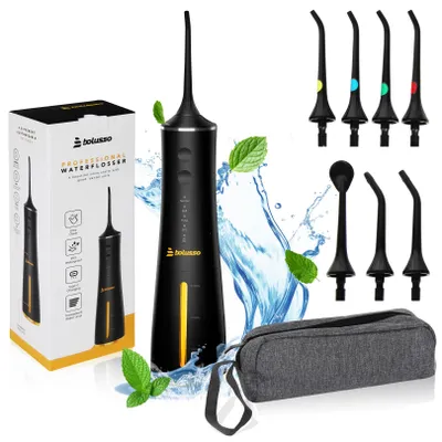Immagine prodotto di Bolusso Water Flosser - Include 7 attacchi - Borsa da viaggio - E-book - Completamente regolabile - Collutorio - Pulitore della lingua - Cura del cavo orale - Rimuovi placca - Pulisci staffe - Rimuovi tartaro - Flosser - NUOVO modello