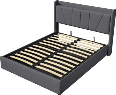 Produktbild von 140 x 200 cm großes Bett mit Stauraum aus Leinenstoff, USB-Anschluss, Kopfteil und Lattenrost – Grau