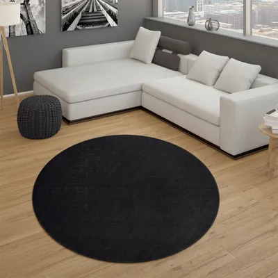 A modern living room with a sectional sofa, a round black rug, and decorative items.