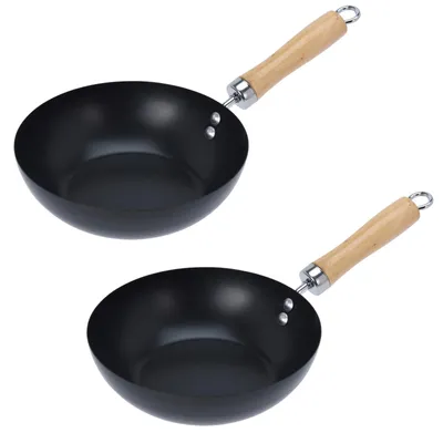 Immagine prodotto di 2 mini padelle wok con manico in legno, diametro 20 cm, in acciaio, con rivestimento antiaderente, adatte per fornelli a gas, elettrici e in vetroVetroceramica