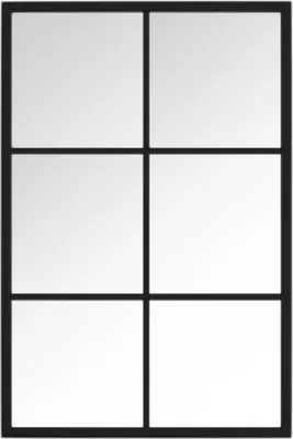 A black framed mirror divided into six rectangular panes.