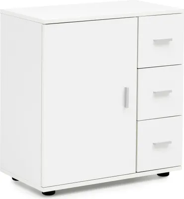 Produktbild von Badschrank WL5.877 Weiß 60x65,5x33 cm Midi-Schrank mit Tür & Schubladen | Kleiner Beistellschrank Matt | Badregal Schmal Freistehend Badezimmerkommode | Badmöbel Badezimmermöbel