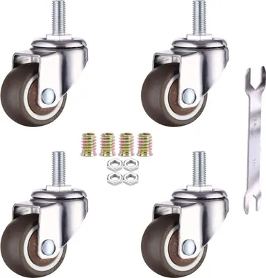 Produktbild von 4er-Pack Lenkrollen für Möbel – M6 x 15 mm mit 25 mm Gewinde – Weichgummi – TPE-Gewinde – Mini-Möbelrollen (25 mm)