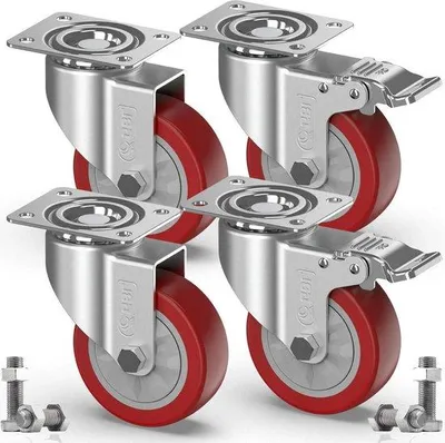 Produktbild von Drehbare Rollen 100 mm - 4 Stück mit Bremsen - Rollen für Möbel - bis 600 kg - PolyurethanKautschuk - Silber mit 16 Schrauben