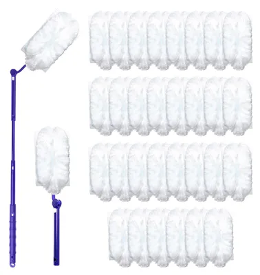 Image de Recharges de lingettes microfibres pour plumeaux - Pour l'élimination de la poussière - Lot de 30 pièces avec 1 manche long et 1 manche court