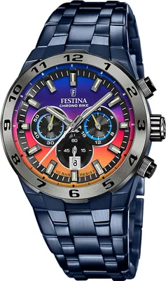 A close-up studio shot of a men's chronograph watch with a blue metal band and a multi-colored dial.