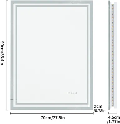 A product shot of a rectangular LED bathroom mirror with dimensions and thickness indicated by text overlays.