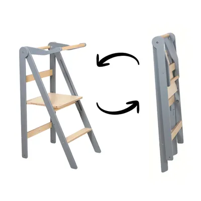 Produktbild von leg&go Klappbarer Lernturm Kinder aus Holz mit Sicherheitsgeländer, Grau