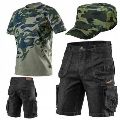 Produktbild von NEO TOOLS Herren Set - Kurze Denim Arbeitshose mit T-shirt und Baseballkappe Gr. S-XXL - Gr. L