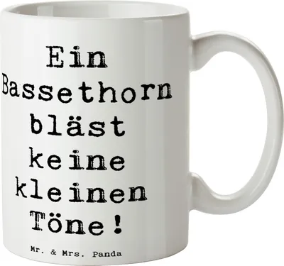 Produktbild von Mr. & Mrs. Panda Tasse Spruch Bassethorn Klänge - Weiß - Geschenk, Musikrichtungen, Klarinettenfamilie, Musik, Kammermusik, Kaffeebecher, Instrument, bedruckt, Lernen