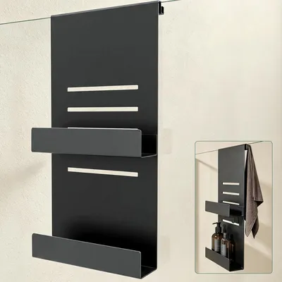 Produktbild von Mai & Mai Duschablage zum Hängen, Duschregal Ohne Bohren für Glasduschtüren, Hängeregal mit 2 Etagen und 3 Haken,  Sandschwarz 30x60x8cm Oryne-01