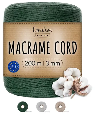 Obrázok produktu pre Creative Deco Tmavozelená šnúra na makramé 2–3 mm | Bavlneno-polyesterová šnúra | 200 m | Pevná šnúra na cievke | Ideálna na dekorácie, umelecké práce, ručné práce, balenie darčekov