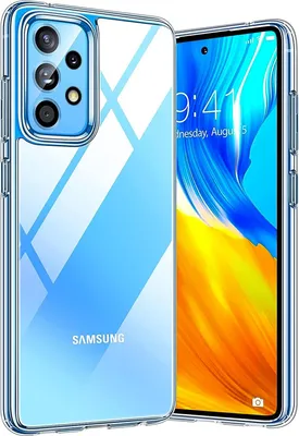 A clear phone case is shown with a smartphone inside, displaying a time and date on its screen.