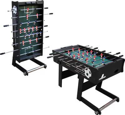 Two foosball tables are shown against a white background. One is standing upright, and the other is on its side.