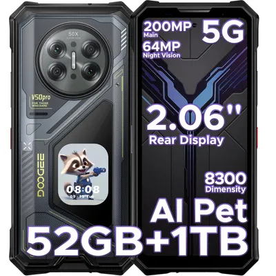 Imagen del producto de DOOGEE V50 Pro 5G: Smartphone resistente para exteriores, Android 16,  IP68/IP69K, pantalla de 6,78" a 120Hz, batería de 11000mAh, almacenamiento de 52+1TB, cámara de 200MP, pantalla AMOLED de 2,06", NFC, lector de huellas dactilares, sin contrato