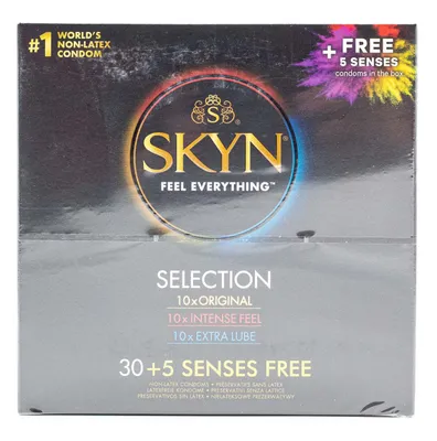 Produktbild von SKYN Condoms Variety Pack 30 Count & 5 Senses 5 Count - 10 Original, 10 Intense Feel, 10 Extra Lube, Skynfeel - Pack of 3 (30 Count) and Pack of 1 (5 Count)