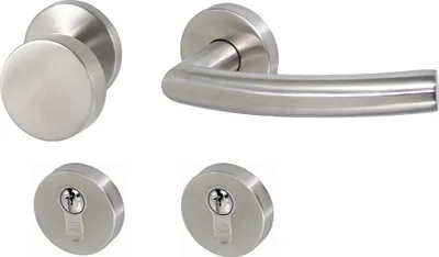 A set of stainless steel door hardware, including a round knob, a lever handle, and two keyhole escutcheons, displayed against a white background.