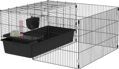 Produktbild von Kleintierkäfig mit abnehmbaren Gehege, Laufgitter mit Stall, inkl. Zubehör, Schwarz