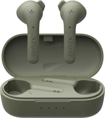 A pair of green wireless earbuds and their charging case are shown against a white background.