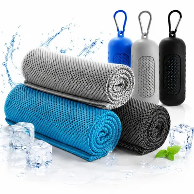 Produktbild von 3 Stück Kühlhandtuch Cooling Towel,100 x 30 cm, schnelltrocknend,sofort kühlend Sporthandtuch für Fitness,Yoga,Sport,Outdoor(Schwarz, Grau, Seeblau)
