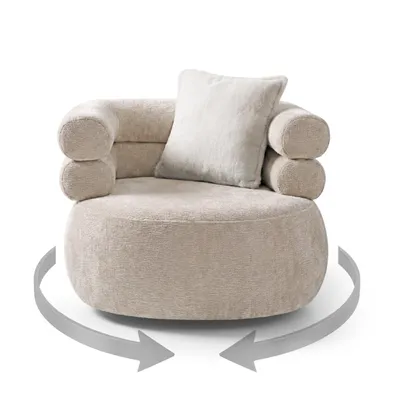 Produktbild von Drehsessel NANO 360° drehbar - Relaxsessel Lesesessel mit Chenille Bezug und Zierkissen, Drehbarer Design Sessel in Creme