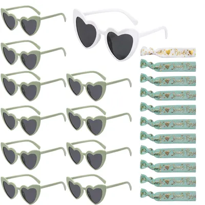 Produktbild von Herz Sonnenbrillen und Armbänder Set - 22-teilig - für Hochzeitsfeiern - Grün - 11 Herz Brillen und 11 Team Braut Armbänder