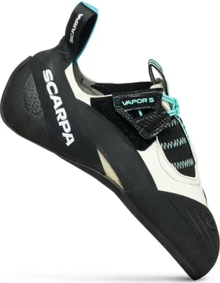 Kletterschuh "Vapor S Wmn" von Scarpa; in Schwarz und Weiß mit blauen Akzenten; für Damen.