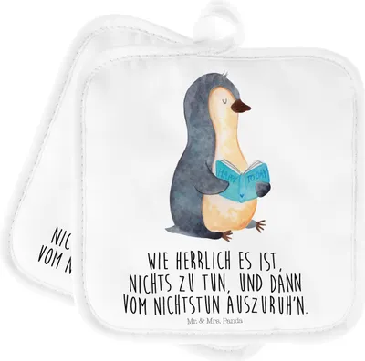 Produktbild von Mr. & Mrs. Panda Topflappen Pinguin Buch - Weiß - Geschenk, Urlaub, Ofenlappen, Topfuntersetzer, Kochlappen, Set, Lesen, topfhalter