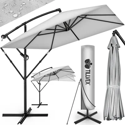 Produktbild von tillvex® Alu Sonnenschirm Rechteckig Ø 330 cm Grau + Abdeckung mit Kurbel | Ampelschirm Eckig mit Ständer & Windschutz | Gartenschirm UV-Schutz Aluminium | Kurbelschirm Marktschirm wasserdicht 360° drehbar