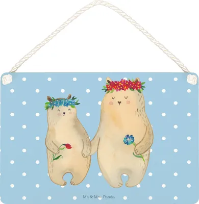 Produktbild von Mr. & Mrs. Panda Schild Bären mit Blumenkranz DIN A4 - Blau Pastell - Geschenk, Lieblingsmensch, Mama, wandtafel, Muttertag, Family, Wandbild Holz, Türschild, Vorbild