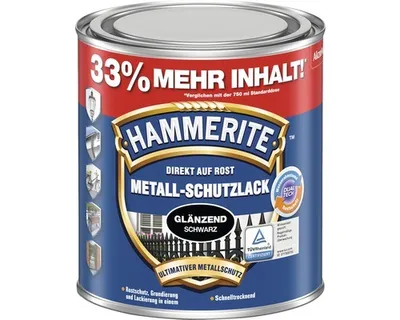 Produktbild von Hammerite Metall-Schutzlack Glänzend, Fertig gemischt, Zaun, Möbel, Treppe, Fenster, Metall, Glänzende Oberfläche, Schwarz, 10 m²/L, Schwarz