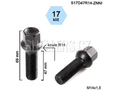 Obrázok produktu pre Skrutka kolesa M14x1,5x47 guľa R14, kľúč 17, S17D47R14F-BLACK čierna, výška 69