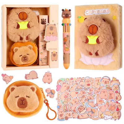 Image de Set de carnet pour filles, sur le thème du capybara, comprenant une trousse, un stylo et des autocollants