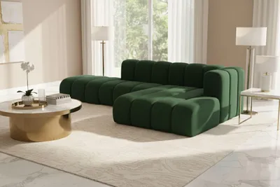 Image de Canapé d'angle en L avec pouf, Grand Mini, tissu Salvador, vert, droite